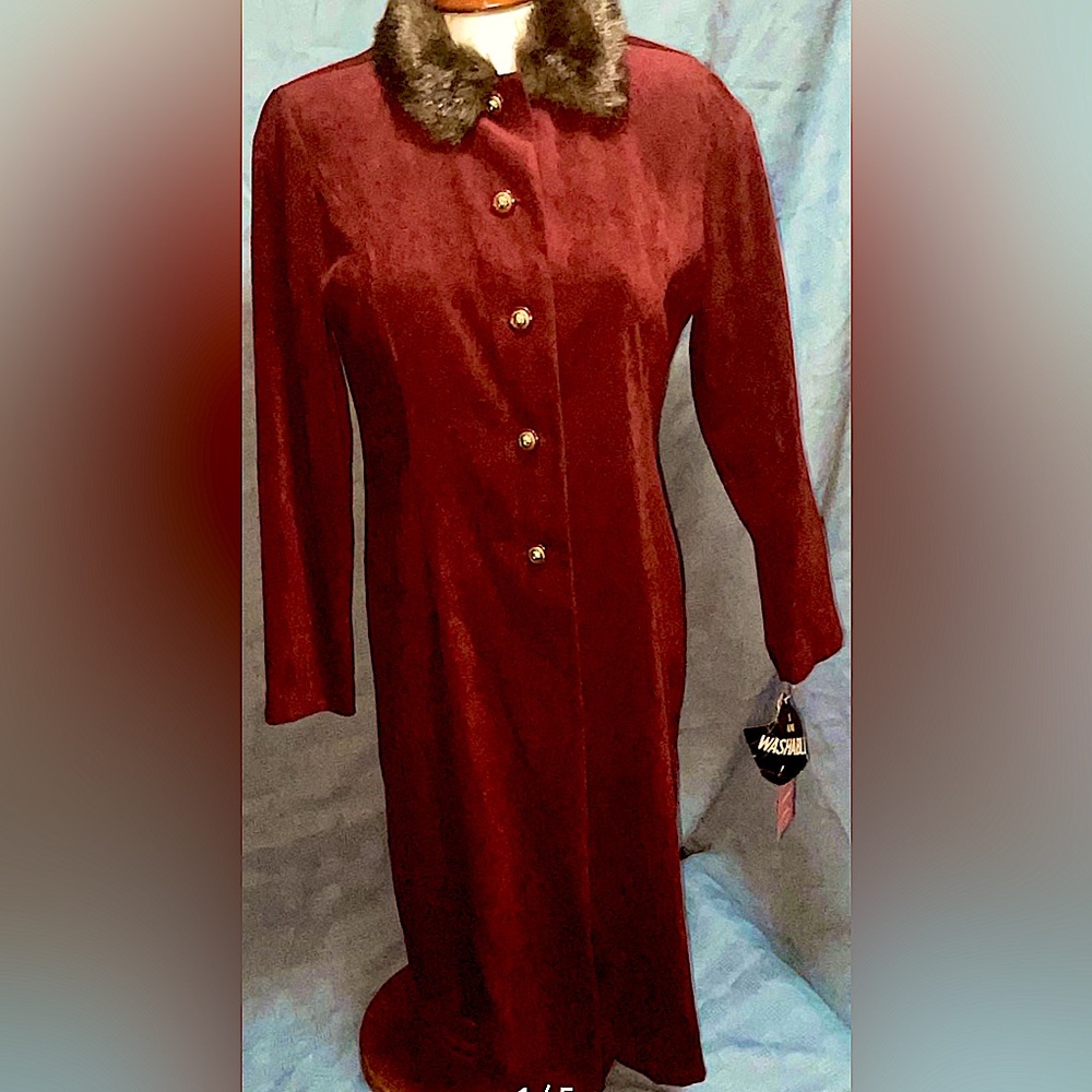 R&K maroon velour pea coat 10P button up fur collar vintage new